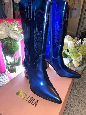 Miss Lola Shiny Royal Blue Pointed Mid-Calf Heeled Boots
